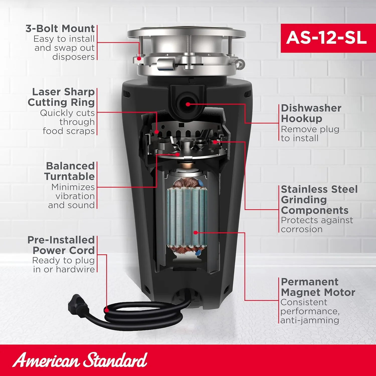 American Standard 10-US-AS-12-SL Garbage Disposer, 1.25 HP Slim, Black