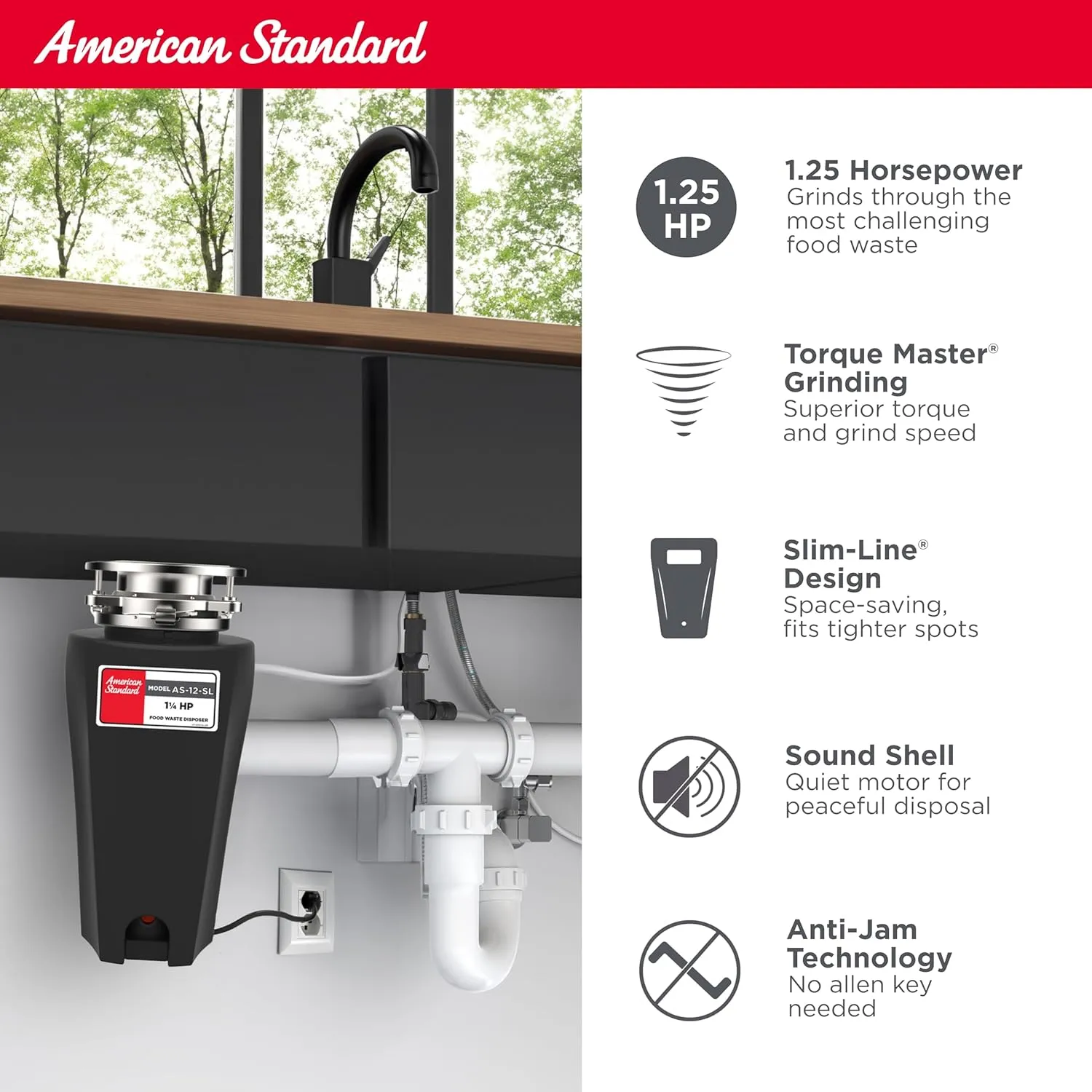 American Standard 10-US-AS-12-SL Garbage Disposer, 1.25 HP Slim, Black