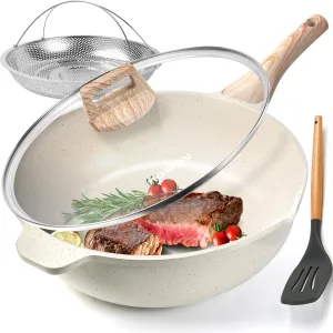 AOSION 11 Inch Nonstick Ceramic Deep Frying Pan Skille with Lid,5QT Sauté Pan for Cooking with Steam Rack,Healthy Large Skillet,Stay Cool Handle, Induction Compatible, PFOA & PFAS Free.(WHITE)