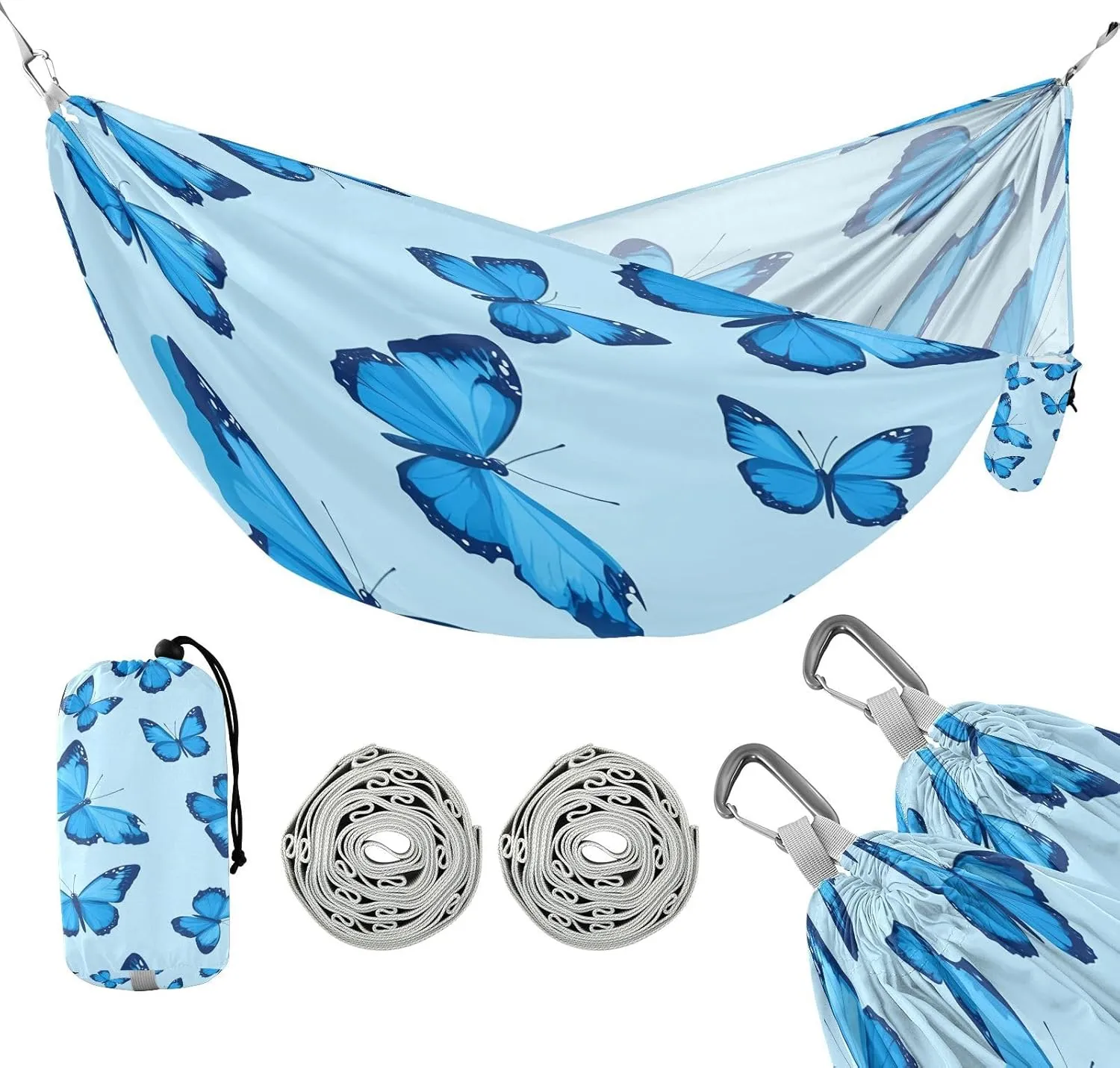 ATTX Blue Butterflies Camping Hammock - Lightweight & Portable Hammocks, Heavy Duty 330lbs Capacity for Indoor, Hiking, Backpacking, Travel, Backyard, Beach#563