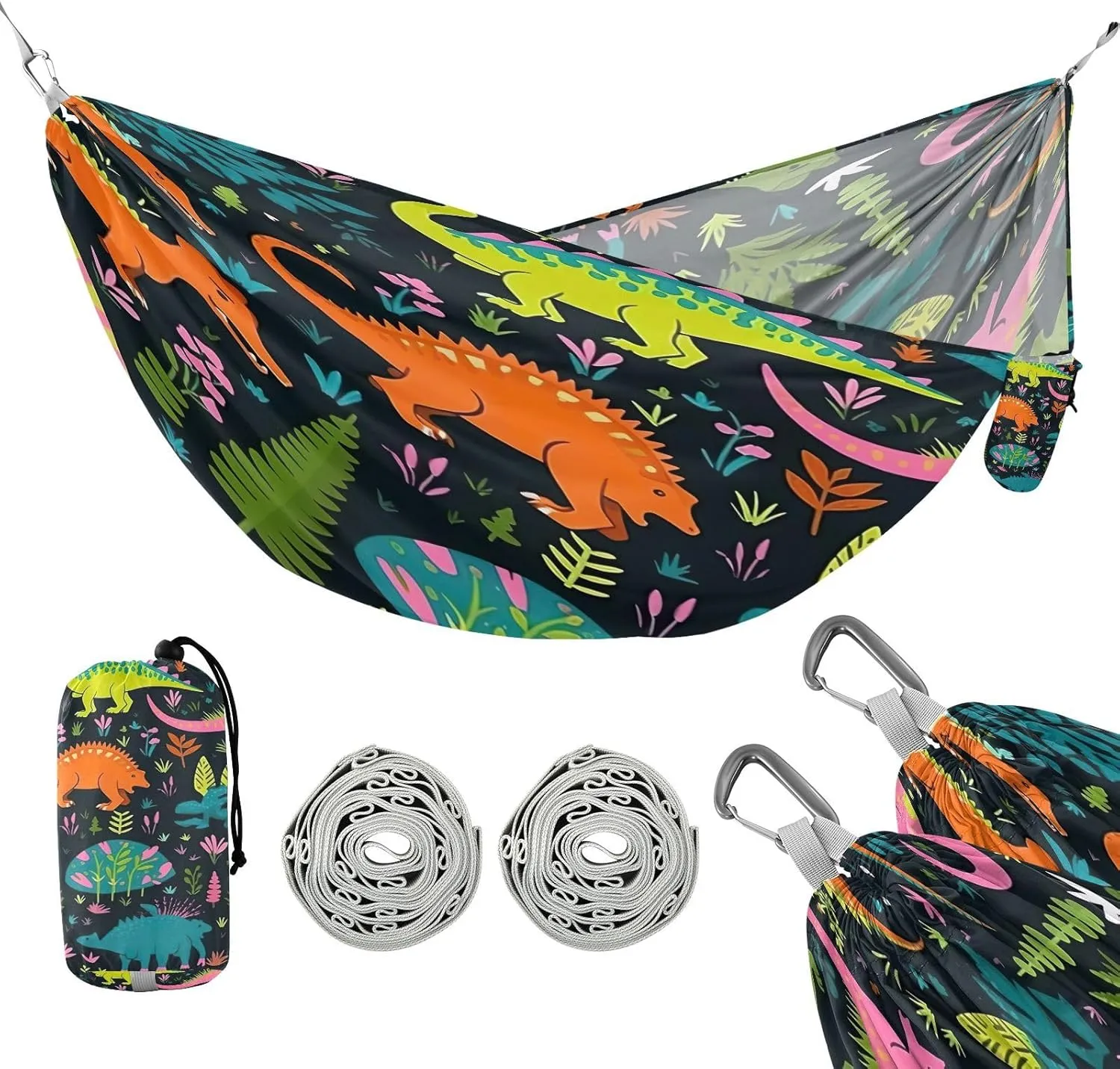 ATTX Colorful Cartoon Dinosaurs Camping Hammock - Lightweight & Portable Hammocks, Heavy Duty 330lbs Capacity for Indoor, Hiking, Backpacking, Travel, Backyard, Beach#432
