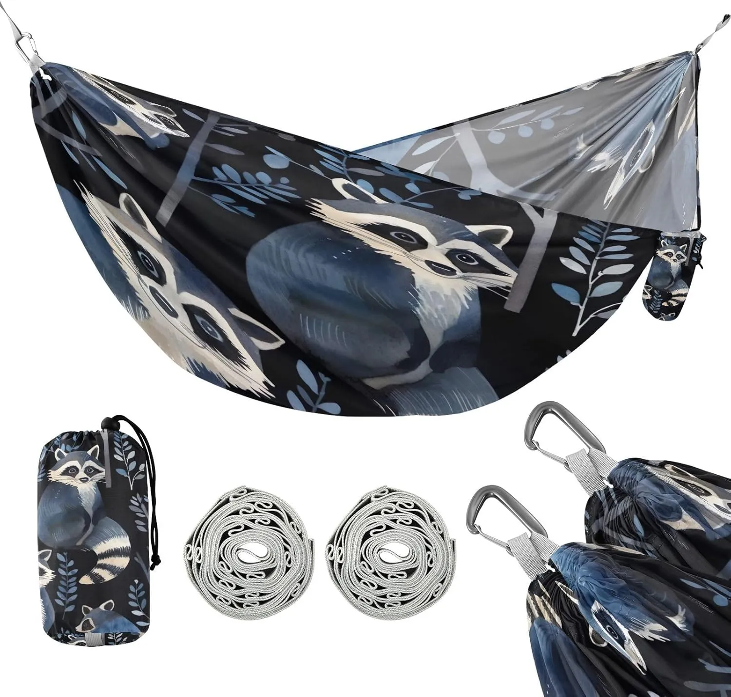 ATTX Dark Black Raccoons Camping Hammock - Lightweight & Portable Hammocks, Heavy Duty 330lbs Capacity for Indoor, Hiking, Backpacking, Travel, Backyard, Beach#286