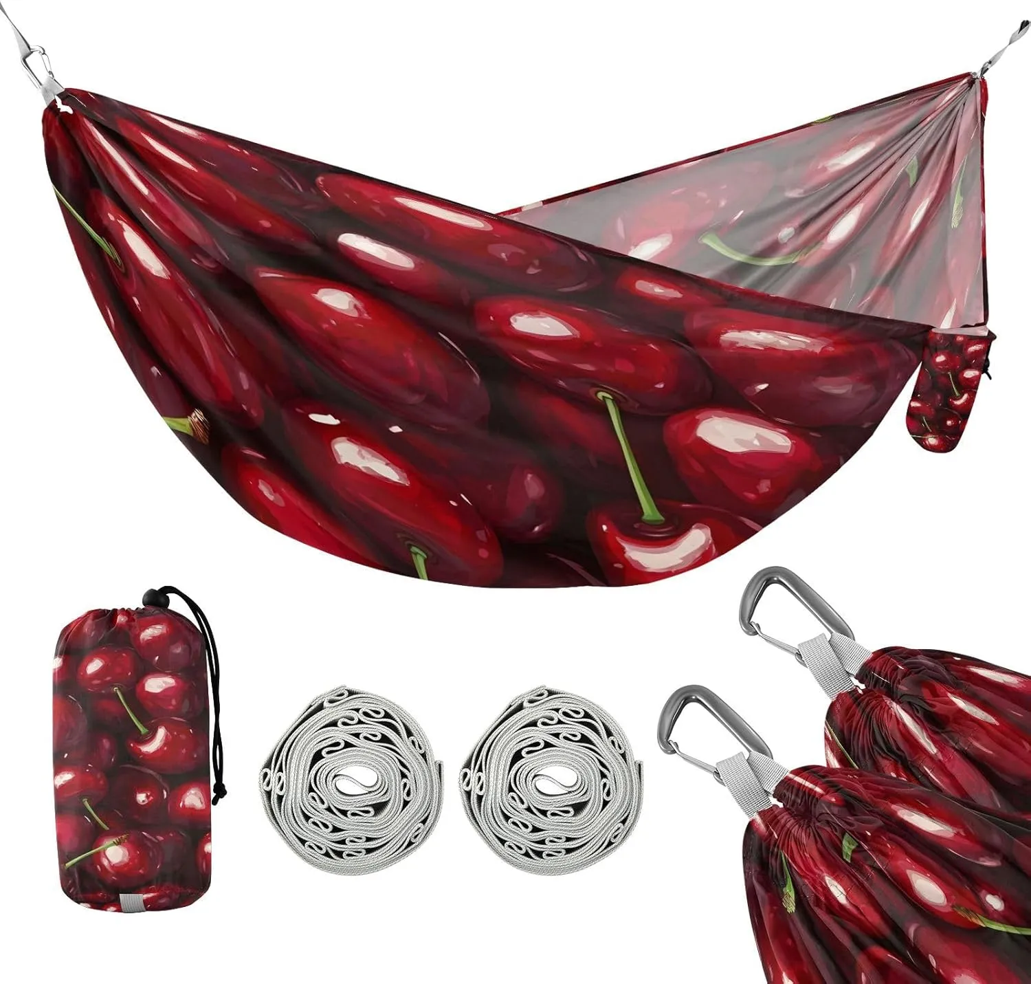 ATTX Dark Red Cherries Camping Hammock - Lightweight & Portable Hammocks, Heavy Duty 330lbs Capacity for Indoor, Hiking, Backpacking, Travel, Backyard, Beach#568