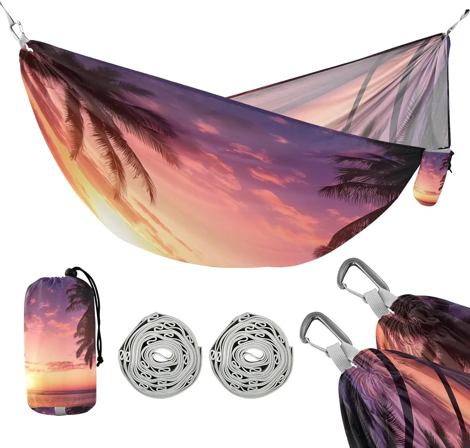 ATTX Ocean Sunset Palm Trees Camping Hammock - Lightweight & Portable Hammocks, Heavy Duty 330lbs Capacity for Indoor, Hiking, Backpacking, Travel, Backyard, Beach#162
