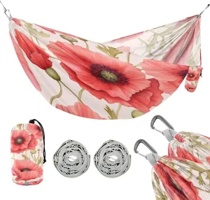 ATTX Pink Poppy Flower Camping Hammock - Lightweight & Portable Hammocks, Heavy Duty 330lbs Capacity for Indoor, Hiking, Backpacking, Travel, Backyard, Beach#509