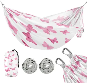ATTX Pink Watercolor Butterflies Camping Hammock - Lightweight & Portable Hammocks, Heavy Duty 330lbs Capacity for Indoor, Hiking, Backpacking, Travel, Backyard, Beach#252