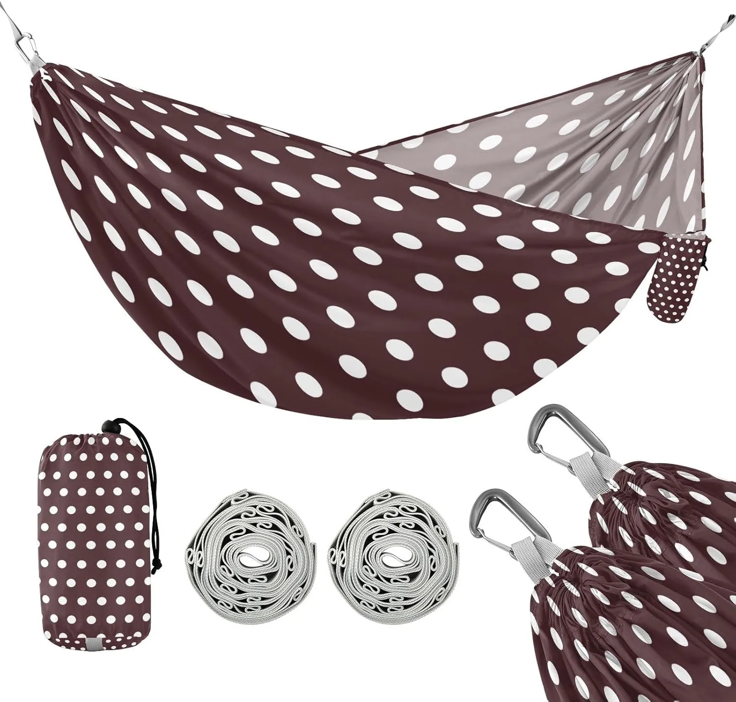 ATTX Polka Dots Brown White Camping Hammock - Lightweight & Portable Hammocks, Heavy Duty 330lbs Capacity for Indoor, Hiking, Backpacking, Travel, Backyard, Beach#236