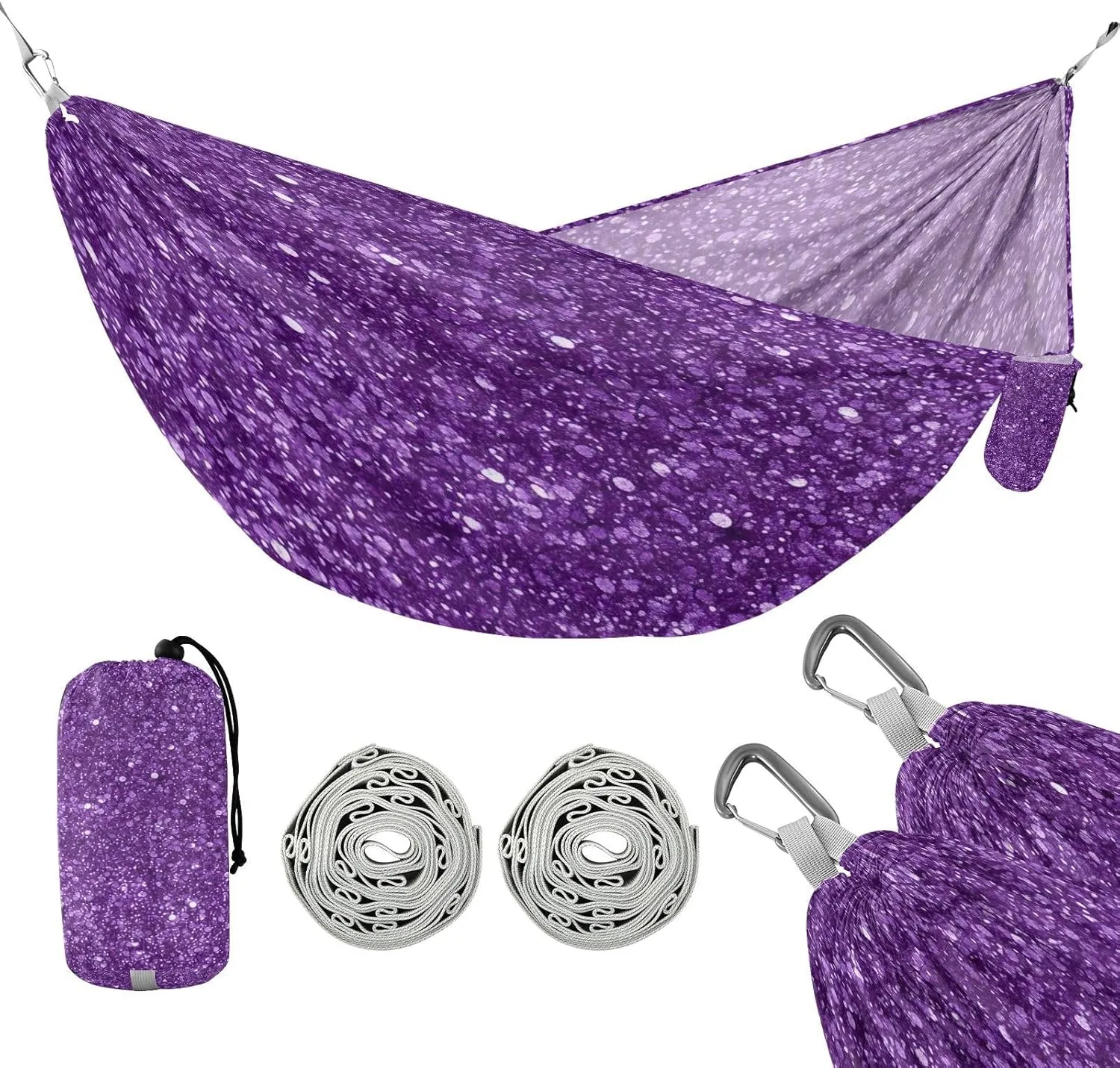 ATTX Purple Glitter Camping Hammock - Lightweight & Portable Hammocks, Heavy Duty 330lbs Capacity for Indoor, Hiking, Backpacking, Travel, Backyard, Beach#510