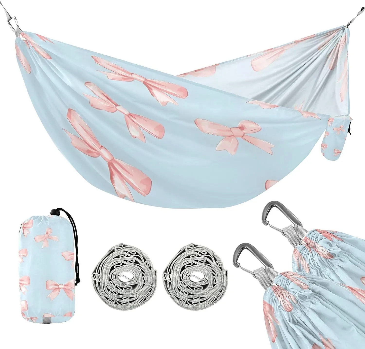 ATTX Small Pink Bows Camping Hammock - Lightweight & Portable Hammocks, Heavy Duty 330lbs Capacity for Indoor, Hiking, Backpacking, Travel, Backyard, Beach#592