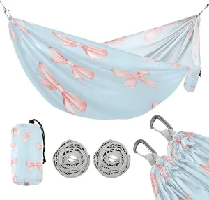 ATTX Small Pink Bows Camping Hammock - Lightweight & Portable Hammocks, Heavy Duty 330lbs Capacity for Indoor, Hiking, Backpacking, Travel, Backyard, Beach#592