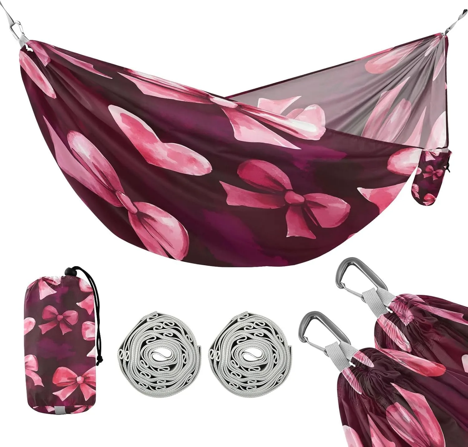 ATTX Watercolor Heart Bows Camping Hammock - Lightweight & Portable Hammocks, Heavy Duty 330lbs Capacity for Indoor, Hiking, Backpacking, Travel, Backyard, Beach#542