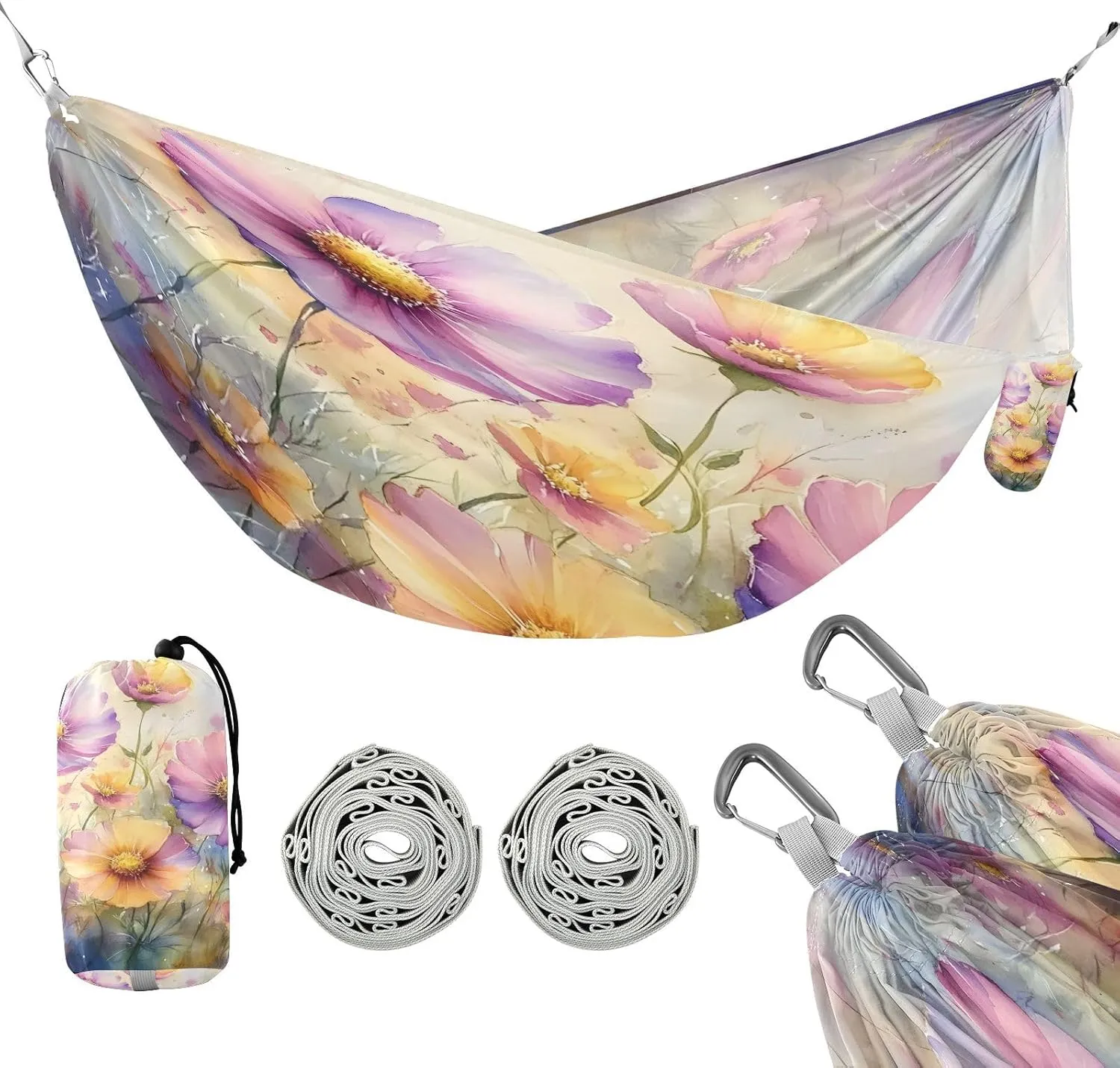ATTX Watercolor Wildflowers Camping Hammock - Lightweight & Portable Hammocks, Heavy Duty 330lbs Capacity for Indoor, Hiking, Backpacking, Travel, Backyard, Beach#93