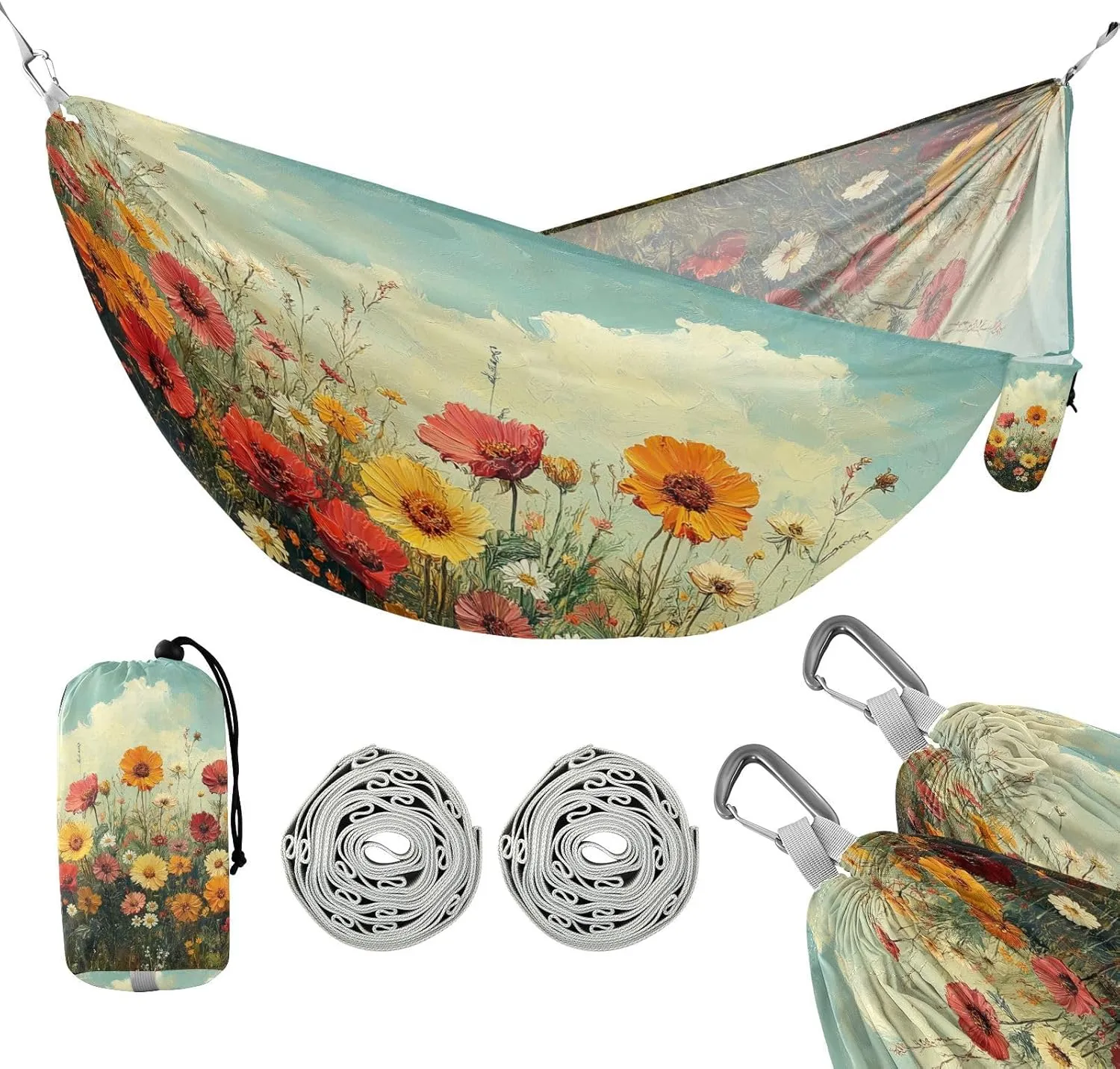 ATTX Wild Flowers Oil Painting Camping Hammock - Lightweight & Portable Hammocks, Heavy Duty 330lbs Capacity for Indoor, Hiking, Backpacking, Travel, Backyard, Beach#502
