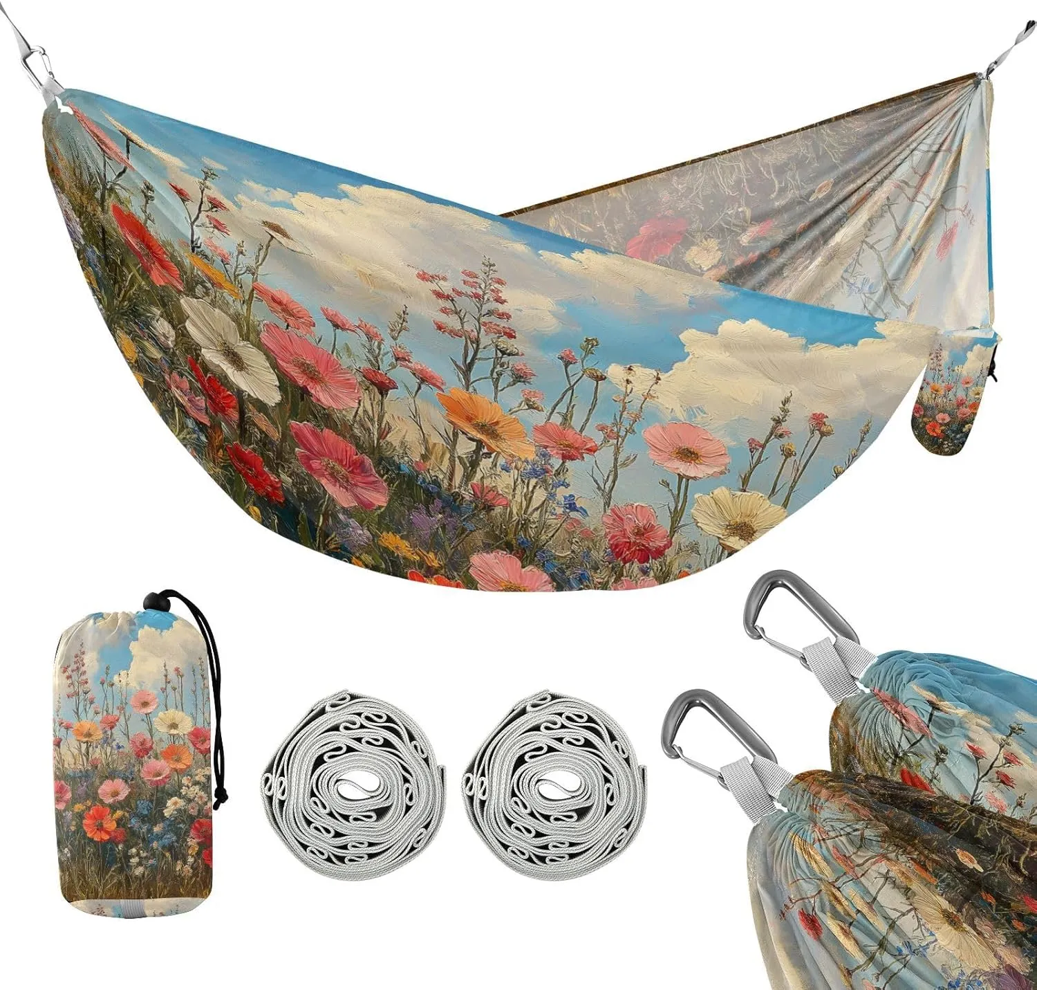 ATTX Wild Flowers Oil Painting Camping Hammock - Lightweight & Portable Hammocks, Heavy Duty 330lbs Capacity for Indoor, Hiking, Backpacking, Travel, Backyard, Beach#505