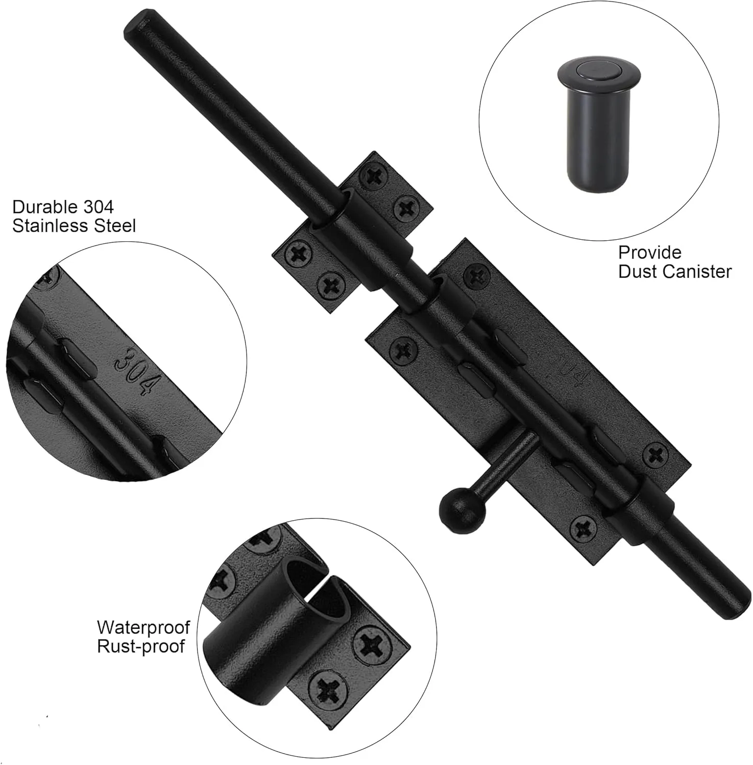 Barrel Bolt Latch 9.6 Inch Black Cane Bolt Heavy Duty Gate Latch 304 Stainless Steel Hardware for Outdoor Fence Wooden Gates Barn Door Inside Door
