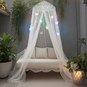 Bed Canopy for Girls or Adults, w/Rainbow Butterfly Lights Dream Room, Round Hoop White Bed Canopy Netting Mosquito Net, Large Size Home Decor for Twin, Full, Queen, King Bed