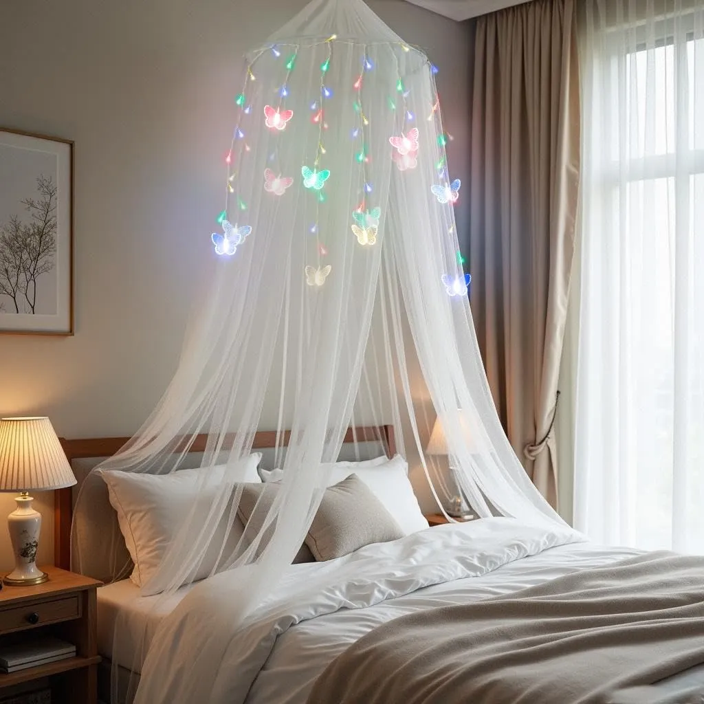 Bed Canopy for Girls or Adults, w/Rainbow Butterfly Lights Dream Room, Round Hoop White Bed Canopy Netting Mosquito Net, Large Size Home Decor for Twin, Full, Queen, King Bed