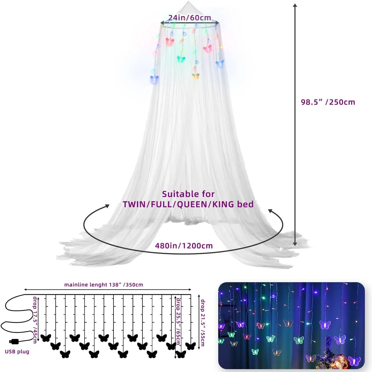 Bed Canopy for Girls or Adults, w/Rainbow Butterfly Lights Dream Room, Round Hoop White Bed Canopy Netting Mosquito Net, Large Size Home Decor for Twin, Full, Queen, King Bed