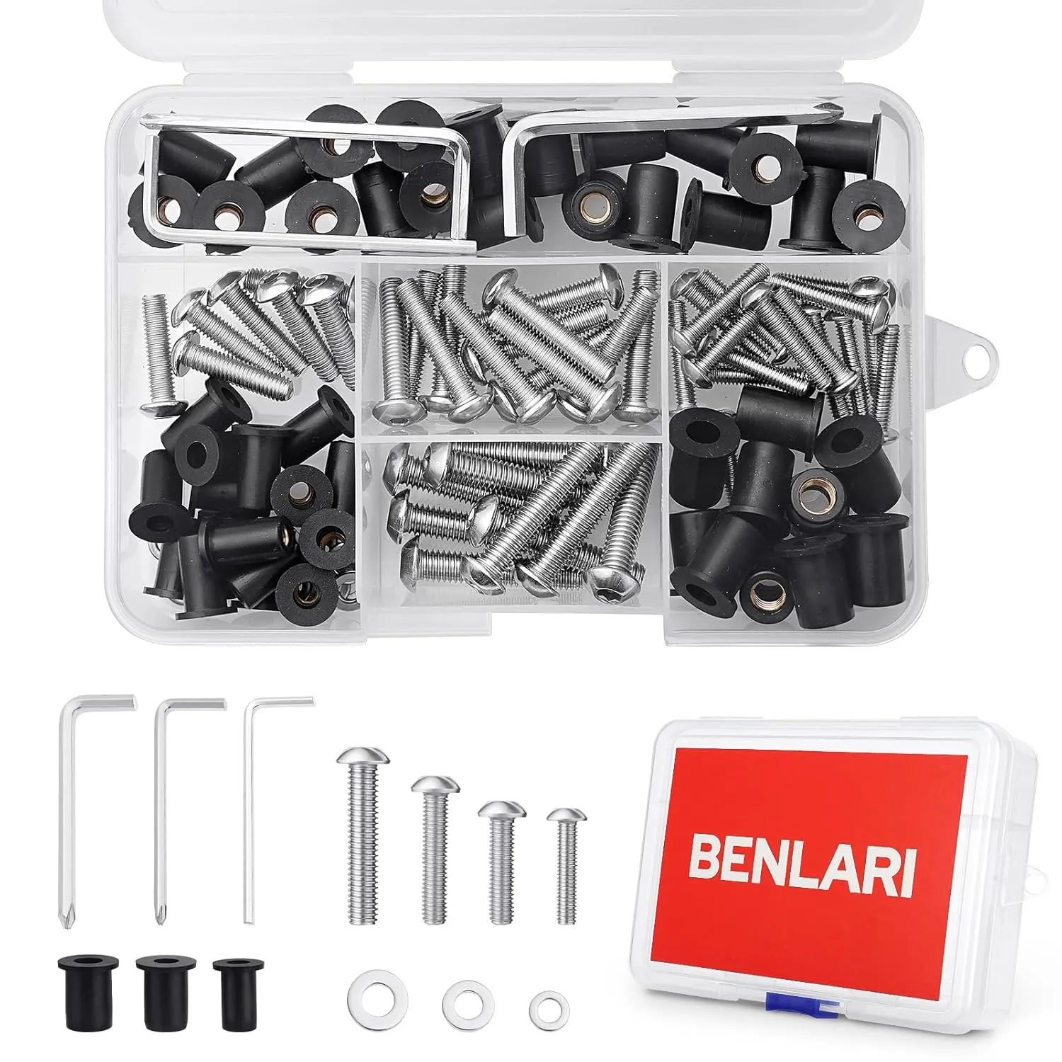 Benlari 52 Pairs Well Nut Bolts Kit, 304 Stainless Steel Button Head Socket Cap Screws M4 M5 M6 TPR Rubber Expansion Nuts Brass Copper Bolts Fit for Kayak Motorcycle Marine Boat Windscreen 160 PCS
