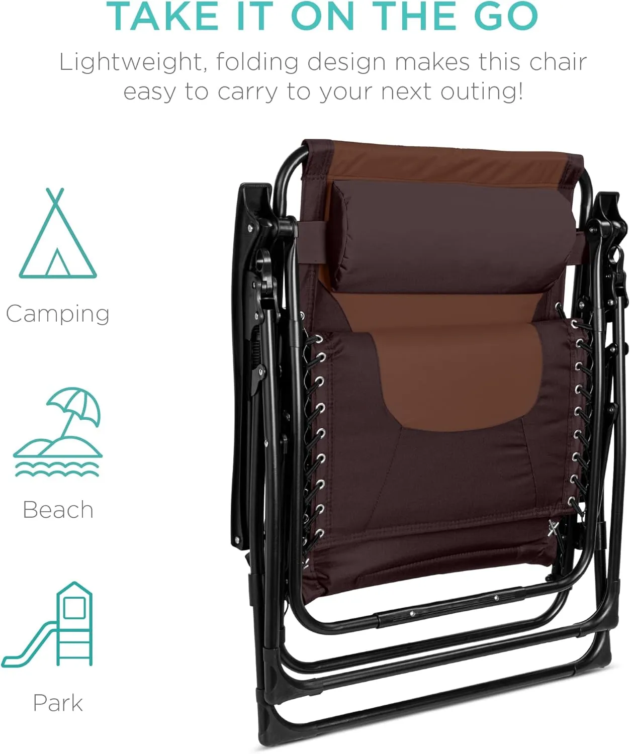 Best Choice Products Oversized Padded Zero Gravity Chair, Folding Outdoor Patio Recliner, XL Anti Gravity Lounger for Backyard w/Headrest, Cup Holder, Side Tray, Polyester Mesh - Espresso/Caramel