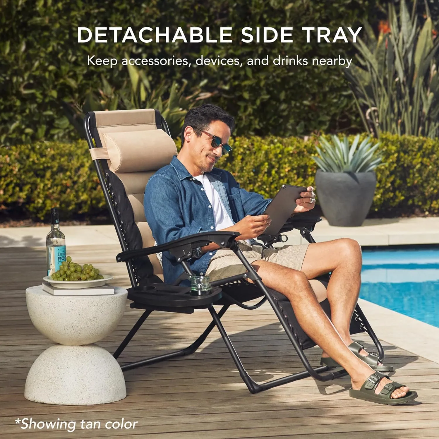 Best Choice Products Oversized Padded Zero Gravity Chair, Folding Outdoor Patio Recliner, XL Anti Gravity Lounger for Backyard w/Headrest, Cup Holder, Side Tray, Polyester Mesh - Espresso/Caramel