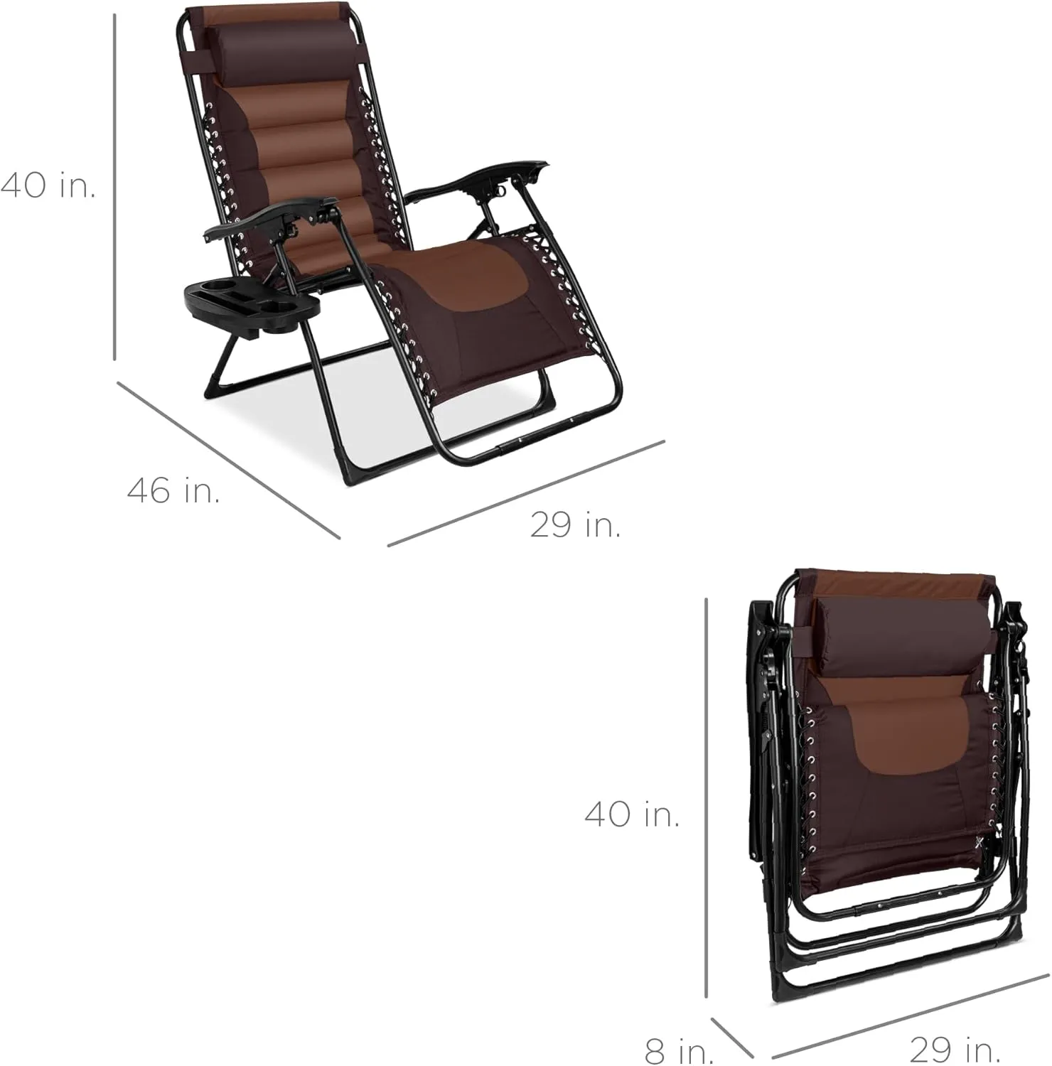 Best Choice Products Oversized Padded Zero Gravity Chair, Folding Outdoor Patio Recliner, XL Anti Gravity Lounger for Backyard w/Headrest, Cup Holder, Side Tray, Polyester Mesh - Espresso/Caramel
