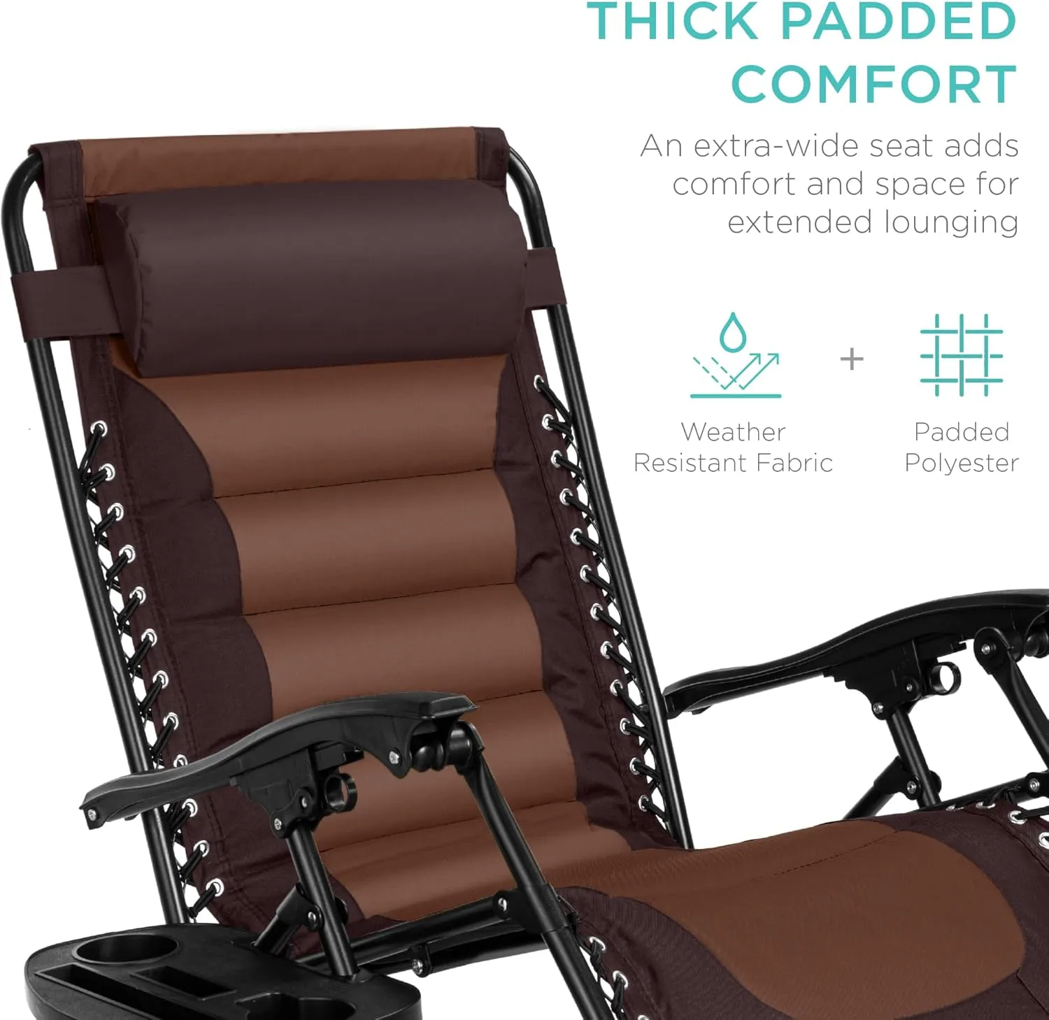 Best Choice Products Oversized Padded Zero Gravity Chair, Folding Outdoor Patio Recliner, XL Anti Gravity Lounger for Backyard w/Headrest, Cup Holder, Side Tray, Polyester Mesh - Espresso/Caramel