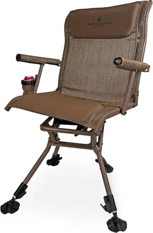 Black Sierra Heavy Duty Swivel Hunting & Camping Chair Supports 300 Lbs, XL 360° Silent Swivel for Hunting Blind, Portable Ground Chair w/All Terrain Feet, Padded Armrests w/Carry Strap and Cupholder