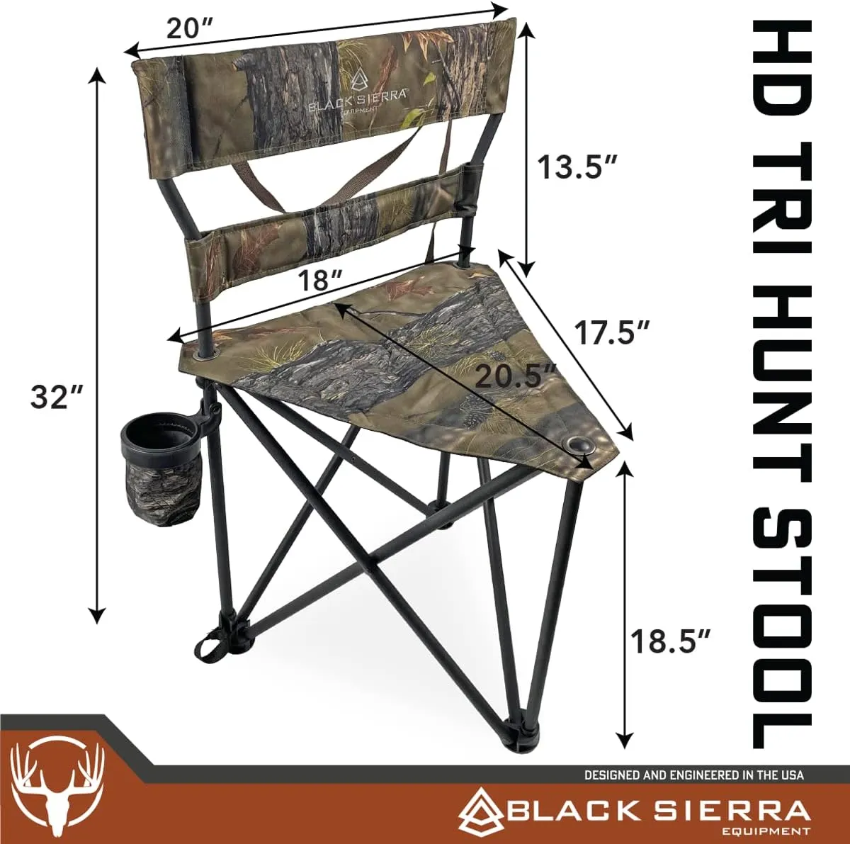 Black Sierra XL Tripod Hunting Stool, Foldable Tripod Seat w/Steel Frame Supports 300 Lbs, Heavy Duty Fishing Chair Features Cup-Holder & Carry Shoulder Strap, for Camping, Hiking, Fishing