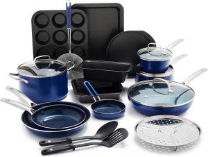 Blue Diamond 20 Piece Nonstick Cookware & Bakeware Set, Diamond Ceramic Pots & Pans, Dishwasher/Oven & Metal Utensil Safe, Non Toxic, Muffin & Cookie Sheet, Frying, Sauce & Saute Pans, Blue