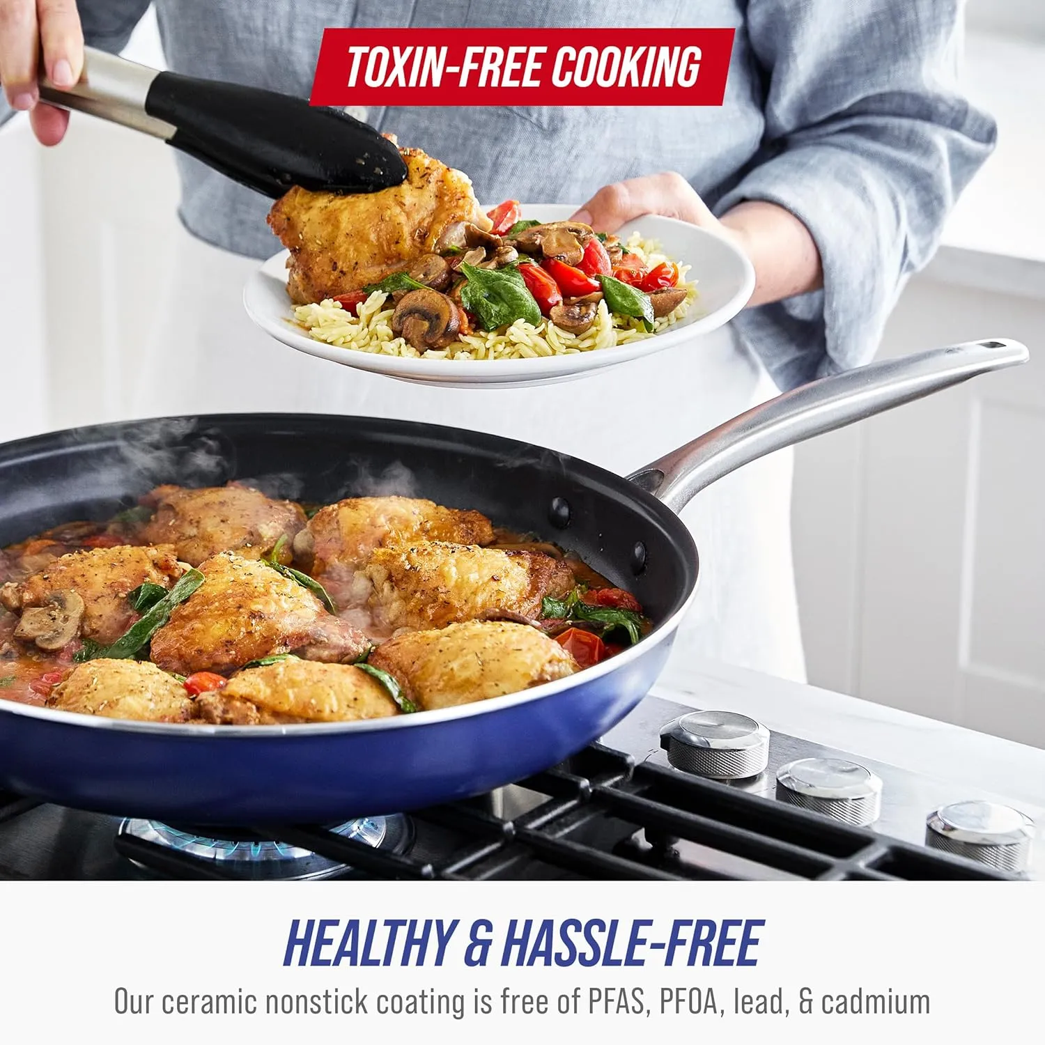 Blue Diamond 20 Piece Nonstick Cookware & Bakeware Set, Diamond Ceramic Pots & Pans, Dishwasher/Oven & Metal Utensil Safe, Non Toxic, Muffin & Cookie Sheet, Frying, Sauce & Saute Pans, Blue