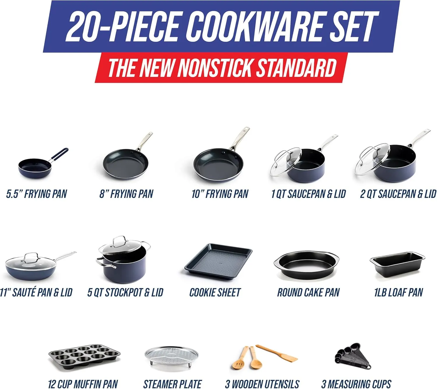 Blue Diamond 20 Piece Nonstick Cookware & Bakeware Set, Diamond Ceramic Pots & Pans, Dishwasher/Oven & Metal Utensil Safe, Non Toxic, Muffin & Cookie Sheet, Frying, Sauce & Saute Pans, Blue