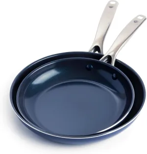 Blue Diamond 9.5” & 11" Nonstick Frying Pan Skillet Set, Diamond Infused PFAS & PTFE-Free Ceramic Pots & Pans, Dishwasher & Oven Safe, Stay Cool Handles, Durable Non Toxic Metal Utensil Safe, Blue