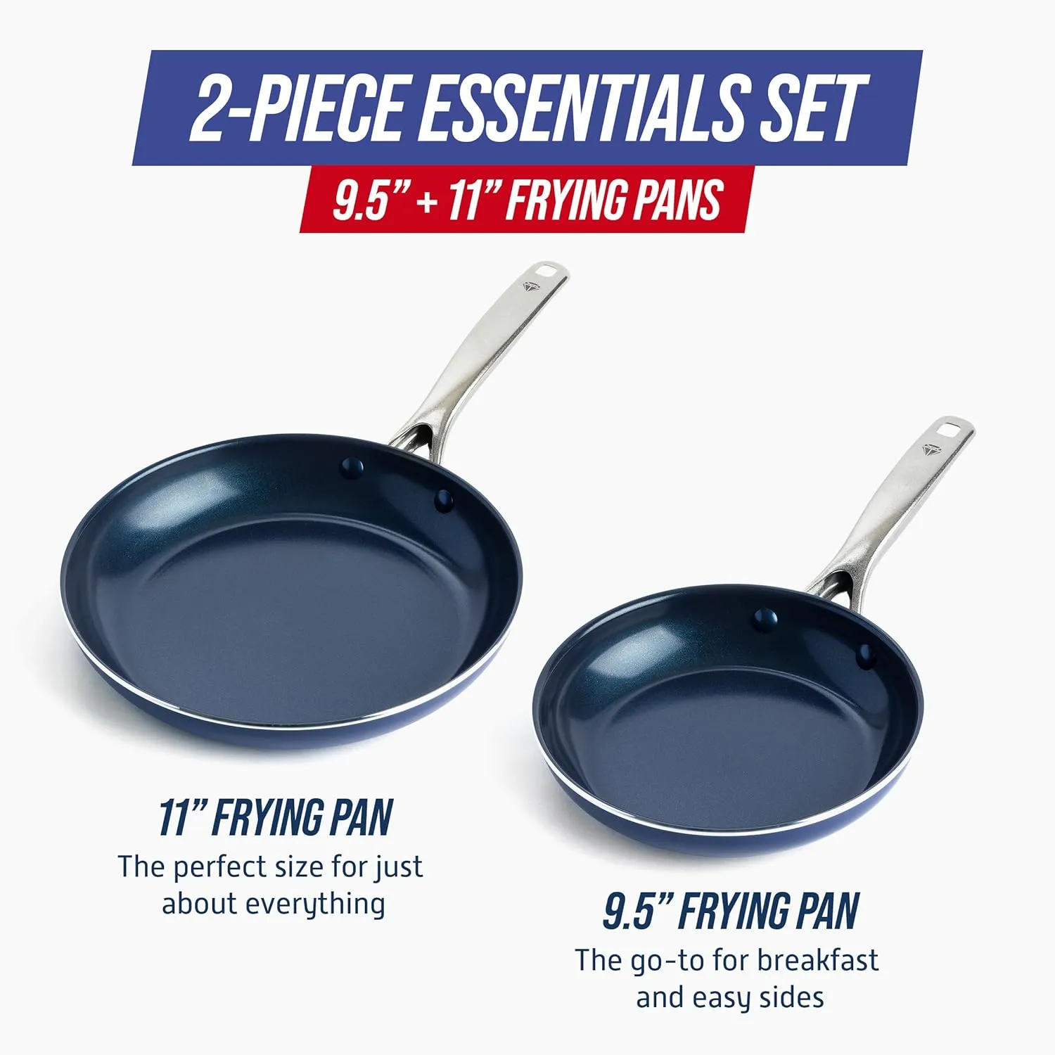 Blue Diamond 9.5” & 11" Nonstick Frying Pan Skillet Set, Diamond Infused PFAS & PTFE-Free Ceramic Pots & Pans, Dishwasher & Oven Safe, Stay Cool Handles, Durable Non Toxic Metal Utensil Safe, Blue