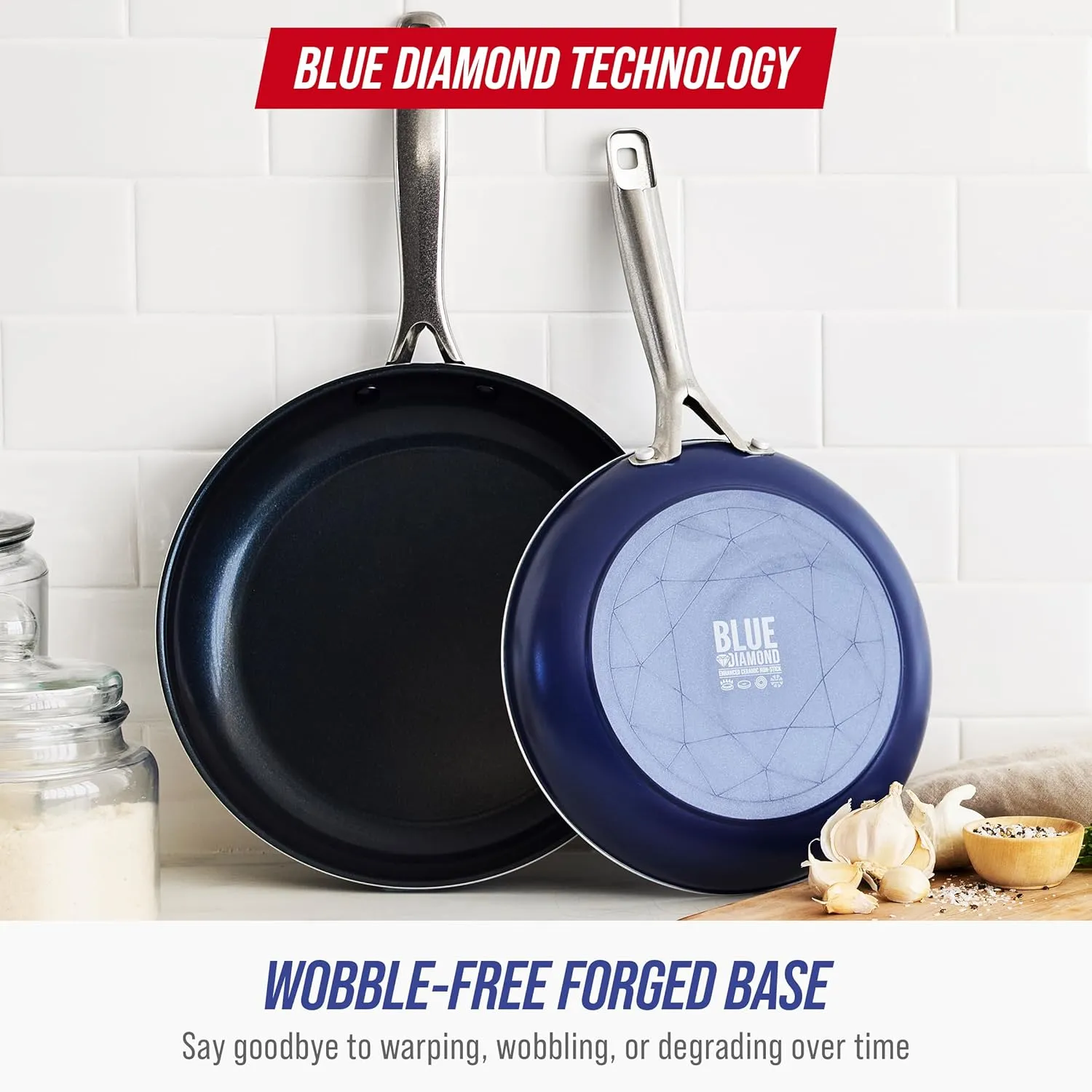 Blue Diamond 9.5” & 11" Nonstick Frying Pan Skillet Set, Diamond Infused PFAS & PTFE-Free Ceramic Pots & Pans, Dishwasher & Oven Safe, Stay Cool Handles, Durable Non Toxic Metal Utensil Safe, Blue