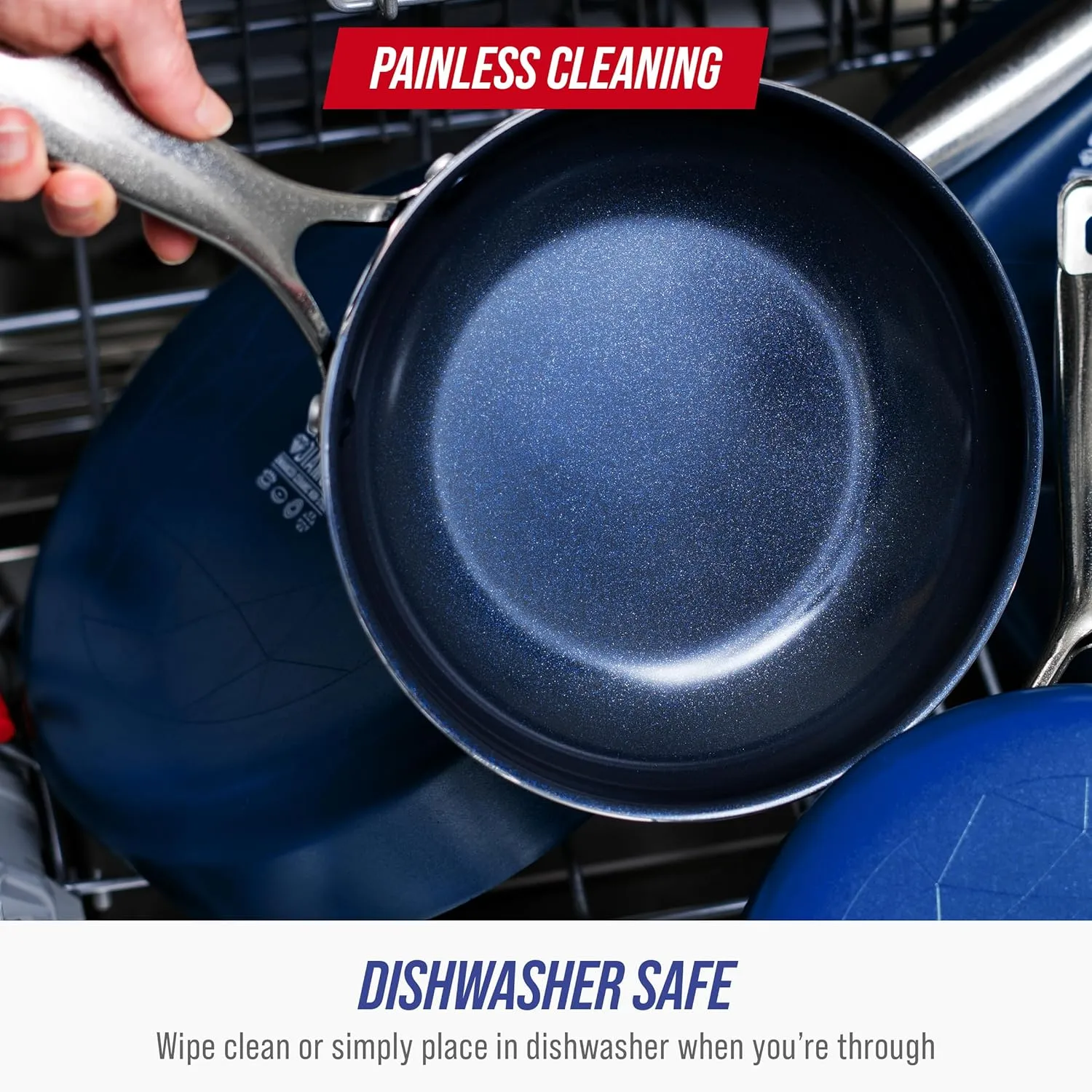 Blue Diamond 9.5” & 11" Nonstick Frying Pan Skillet Set, Diamond Infused PFAS & PTFE-Free Ceramic Pots & Pans, Dishwasher & Oven Safe, Stay Cool Handles, Durable Non Toxic Metal Utensil Safe, Blue