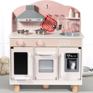 BlueWood Wooden Kids Kitchen Playset for Toddlers Ages 3-8, with Induction Hob, Oven, Ice Maker, Hood, and Tap - Châtelet Creamy Pink