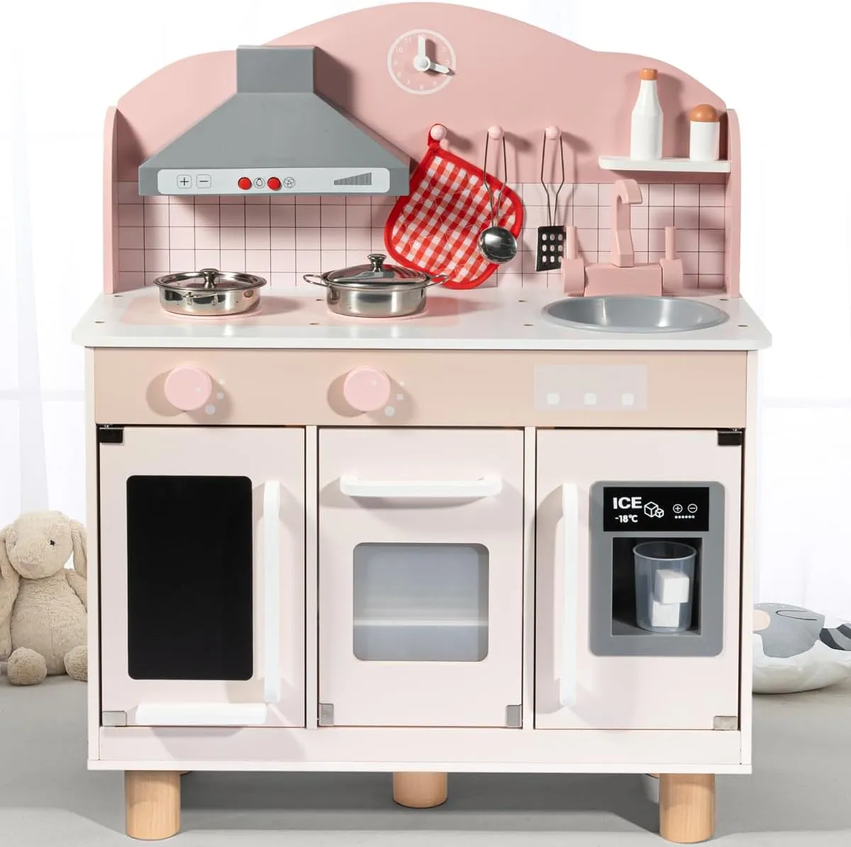 BlueWood Wooden Kids Kitchen Playset for Toddlers Ages 3-8, with Induction Hob, Oven, Ice Maker, Hood, and Tap - Châtelet Creamy Pink