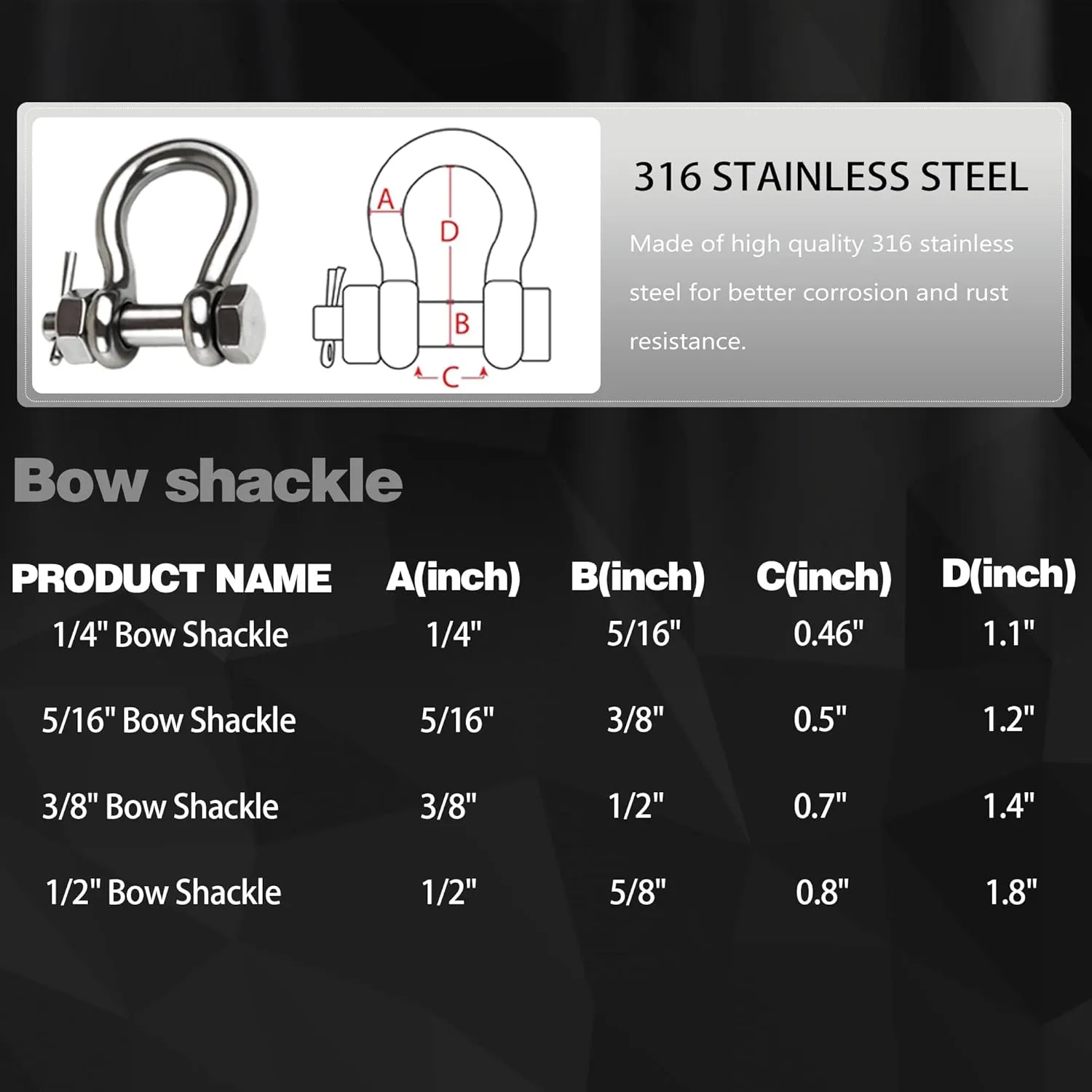 Boat Anchor Shackle 1/4" 5/16" 3/8" 1/2 inch (4 Size) 316 Stainless Steel Shackle Marine Grade Bow Shackle with Cotter Pin