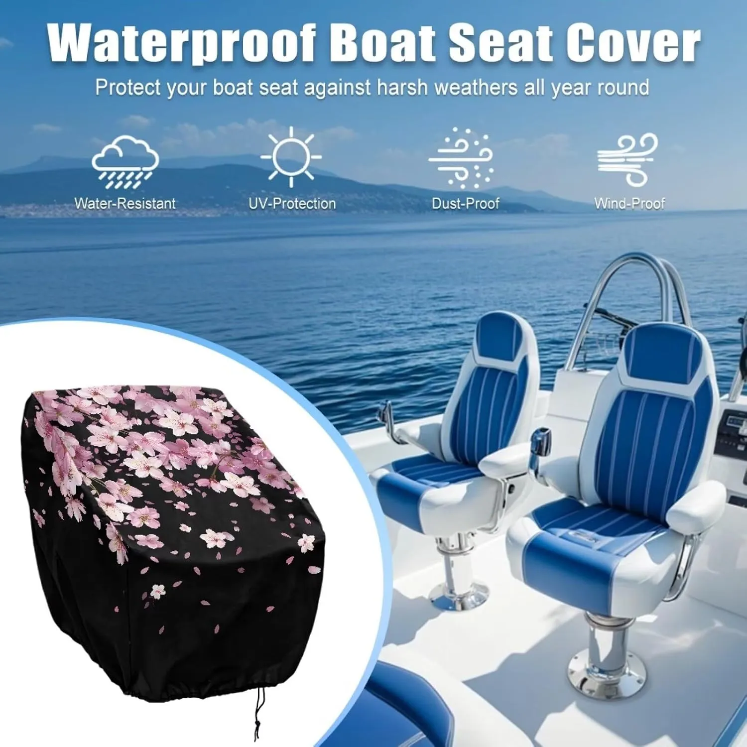 Boat Folding Seat Cover Waterproof Weather Resistant Material Fishing Chair Cover with Cherry Blossom Print Full Length Protection for Your Boat Seat Cover 2 Pack