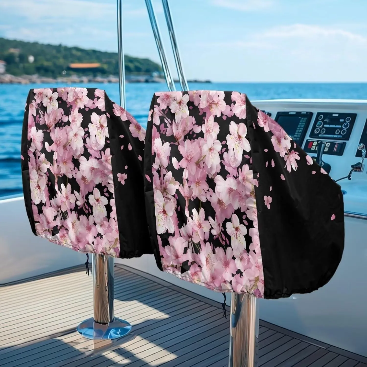 Boat Folding Seat Cover Waterproof Weather Resistant Material Fishing Chair Cover with Cherry Blossom Print Full Length Protection for Your Boat Seat Cover 2 Pack