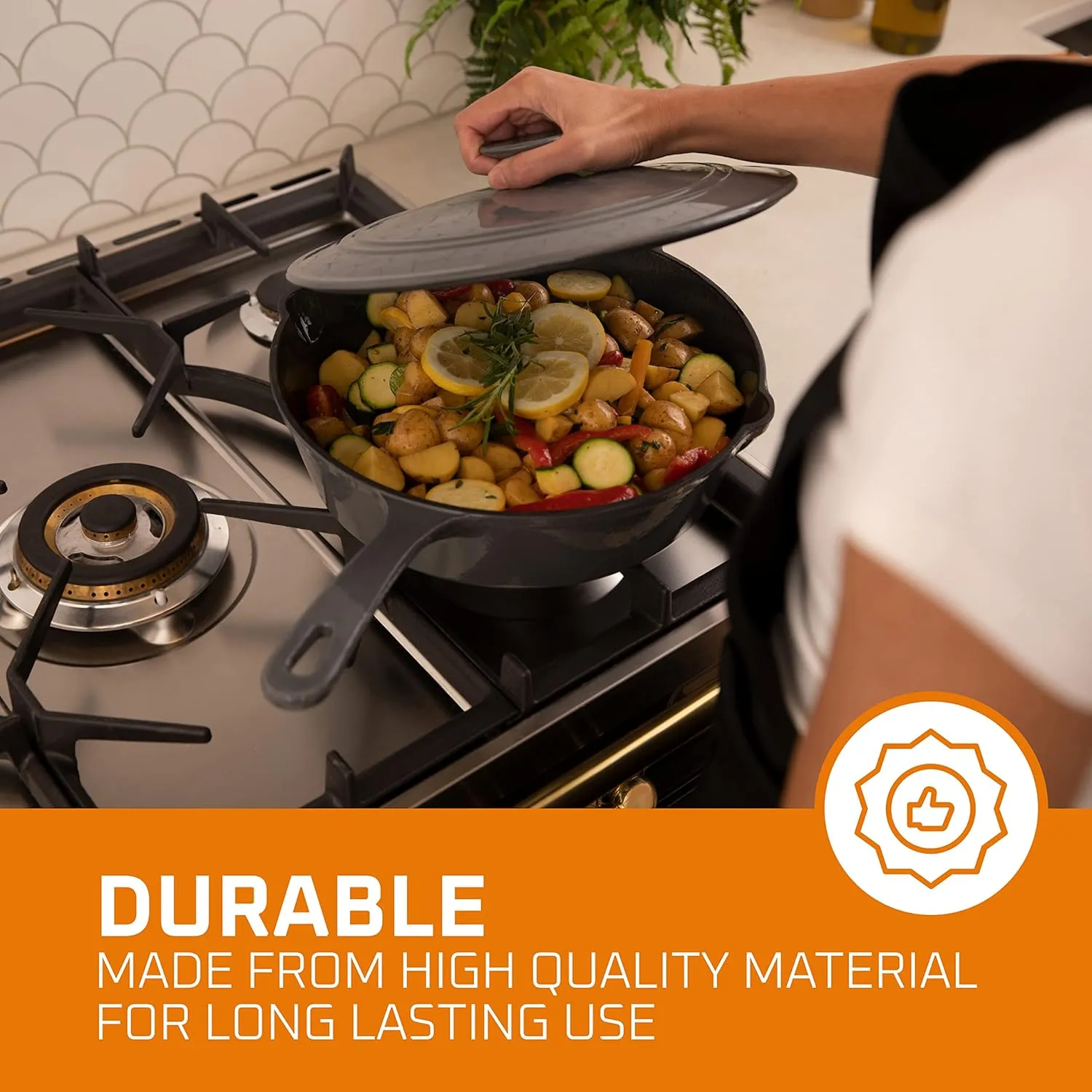Bruntmor 5qt Grey Enameled Cast Iron Skillets with Lid and Handle, Non Stick Cookware and Grill for Casserole Dish, 5 Quarts Dutch Oven Skillet Grill Frying Pan,Saute pan,Bakeware