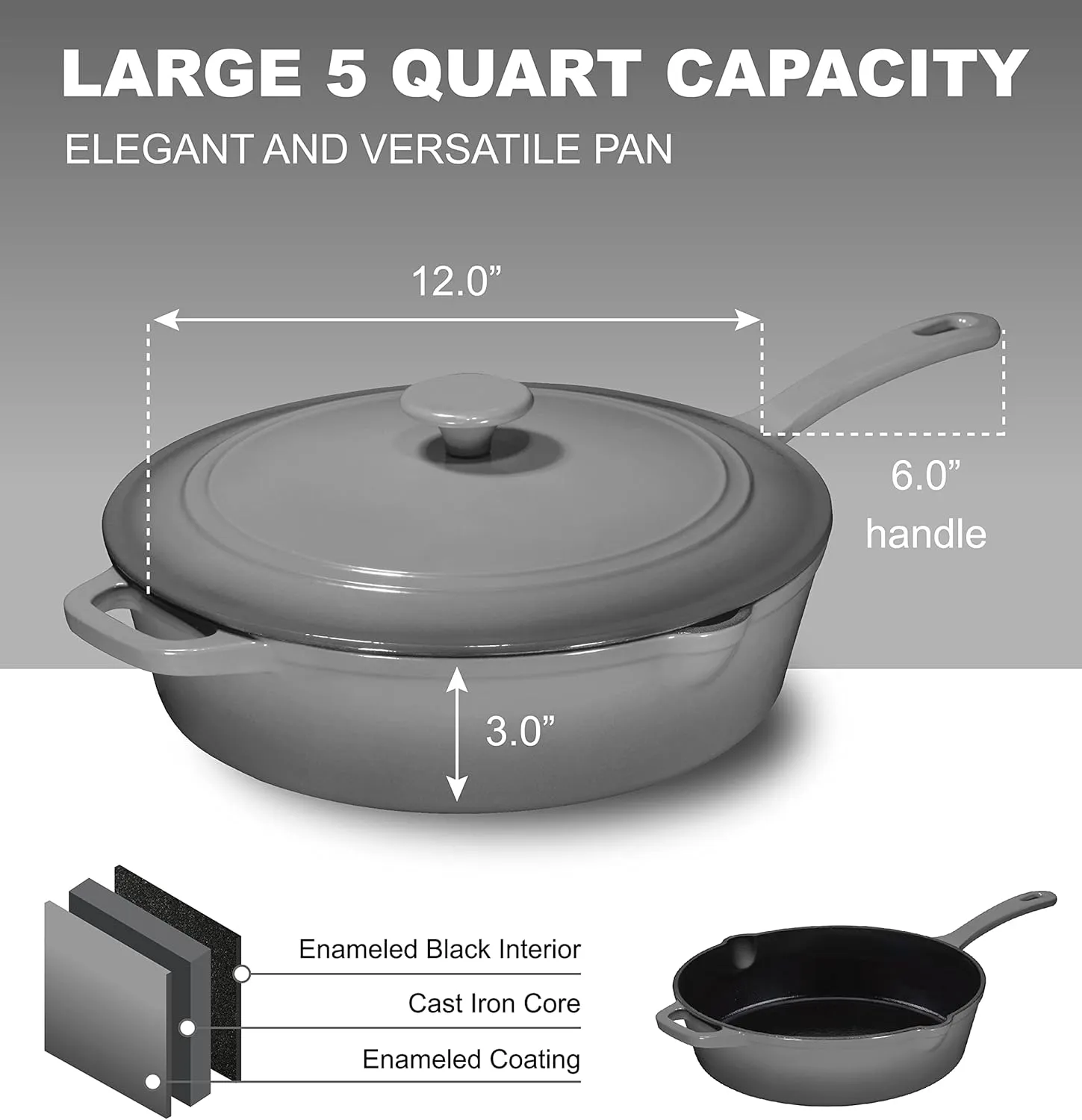 Bruntmor 5qt Grey Enameled Cast Iron Skillets with Lid and Handle, Non Stick Cookware and Grill for Casserole Dish, 5 Quarts Dutch Oven Skillet Grill Frying Pan,Saute pan,Bakeware