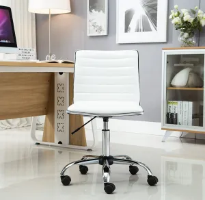 BTEXPERT Swivel Mid Back Armless Ribbed Task Leather Chair, White upholstery and Chrome