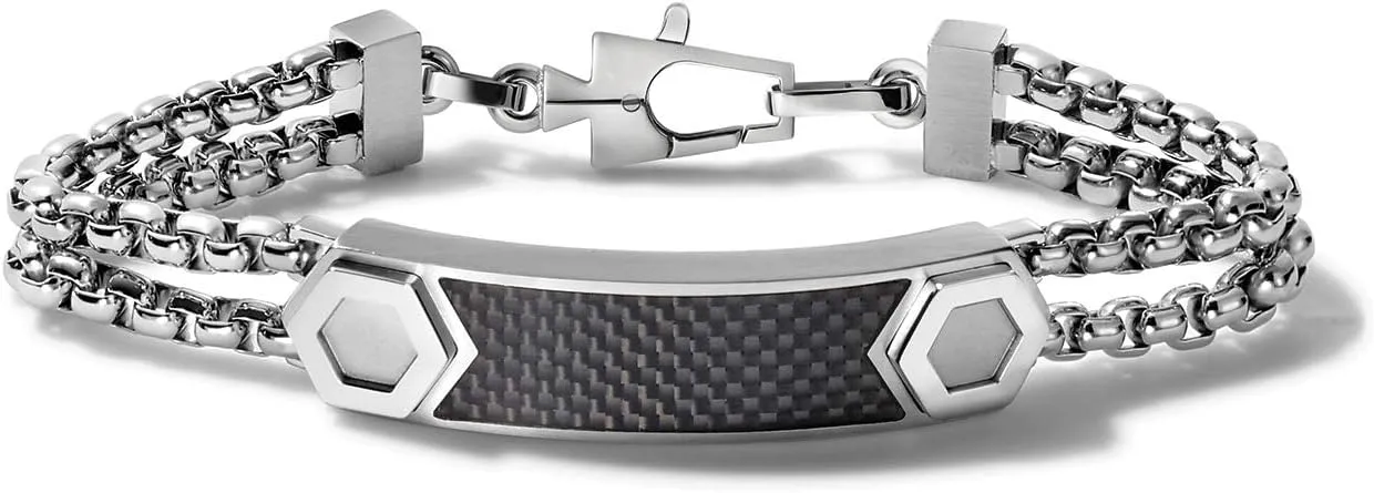 Bulova Men's Precisionist Stainless Steel Double-Chain Link with Knurled Texture ID Plaque Bracelet