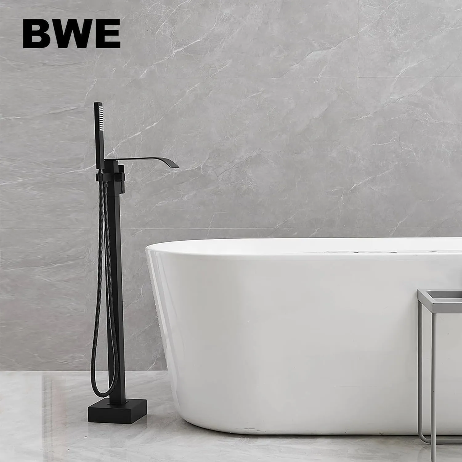 BWE Black Freestanding Bathtub Faucet Floor Mounted Tub Filler Waterfall Tub Spout with Handheld Shower Head Single Handle Solid Brass Construction Bathtub System Matte Black