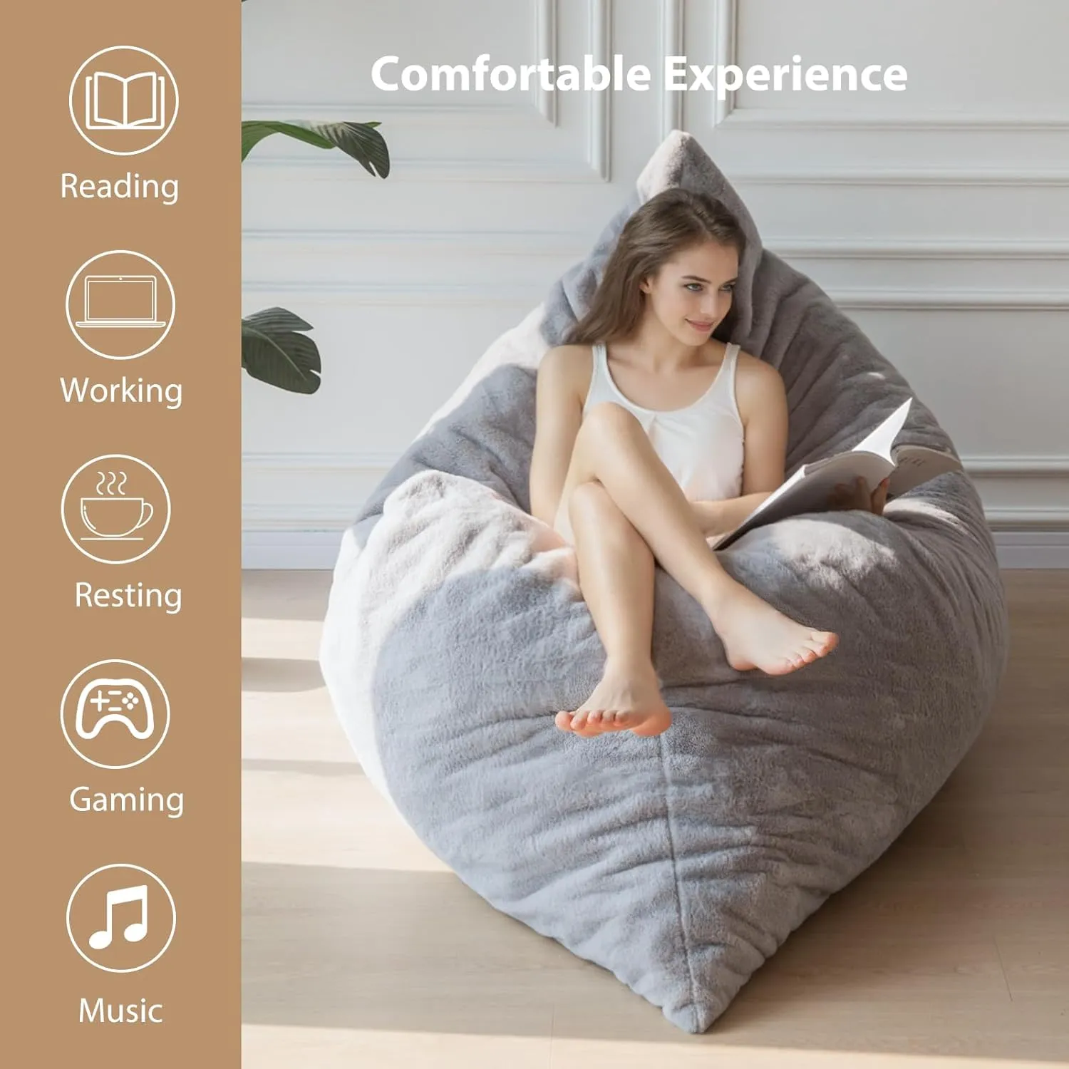 BYBYME 3 in 1 Bean Bag Chair, Convertible Chair Folds from Bean Bag to Lounger, High-Density Foam Filling, Faux Fur Big Sofa Bed, Giant Bean Bag Chair Bed for Adults
