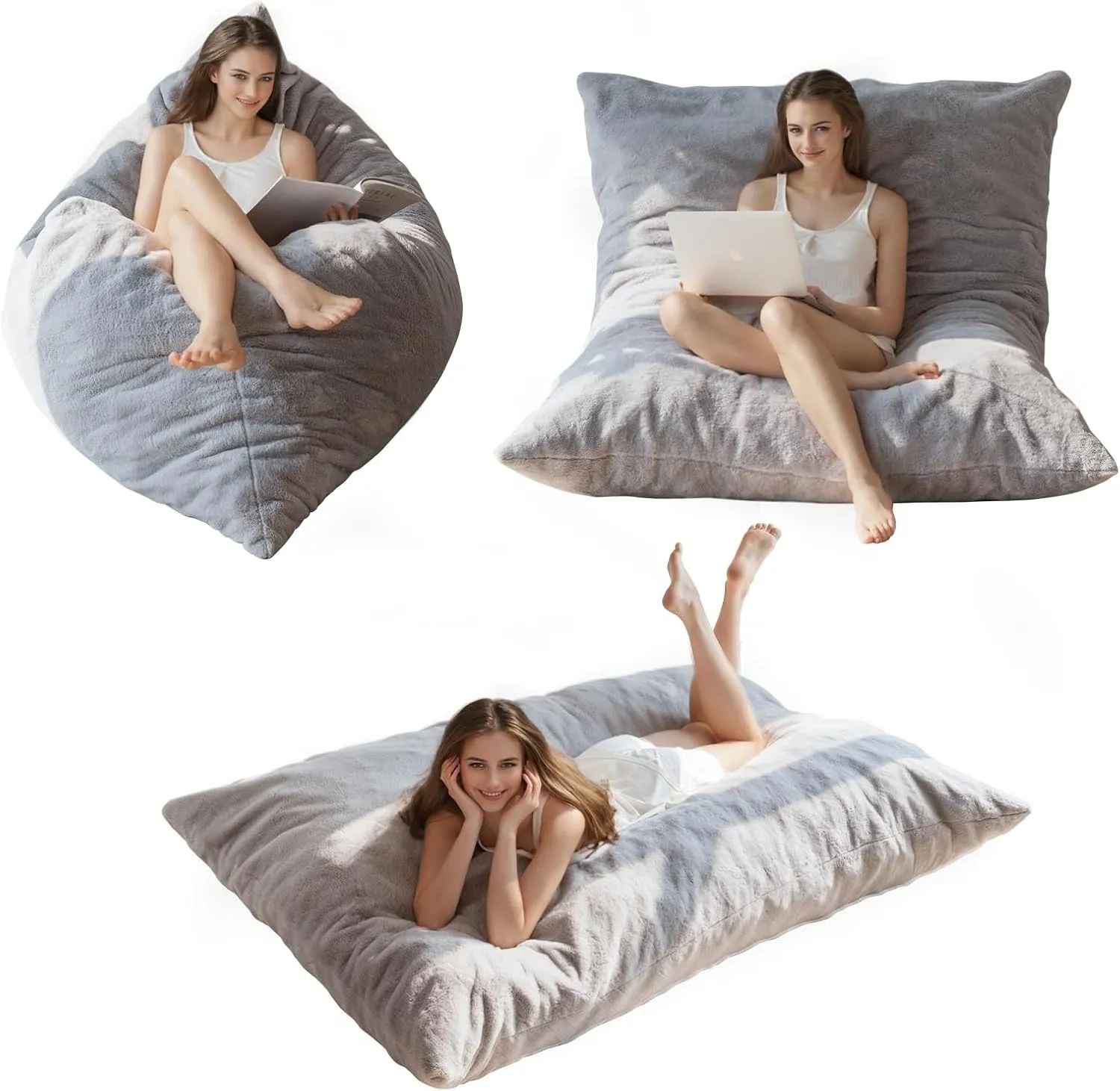 BYBYME 3 in 1 Bean Bag Chair, Convertible Chair Folds from Bean Bag to Lounger, High-Density Foam Filling, Faux Fur Big Sofa Bed, Giant Bean Bag Chair Bed for Adults