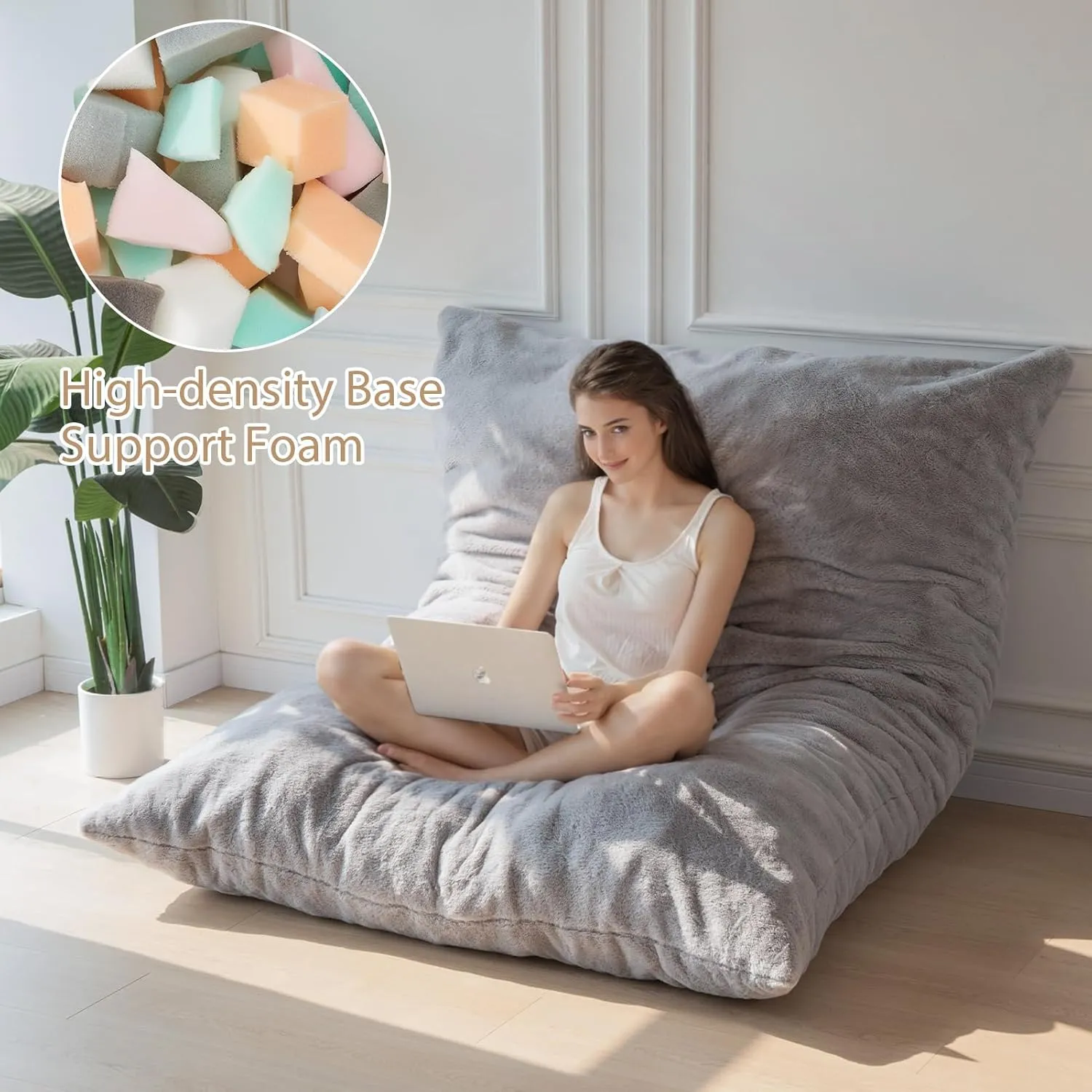BYBYME 3 in 1 Bean Bag Chair, Convertible Chair Folds from Bean Bag to Lounger, High-Density Foam Filling, Faux Fur Big Sofa Bed, Giant Bean Bag Chair Bed for Adults