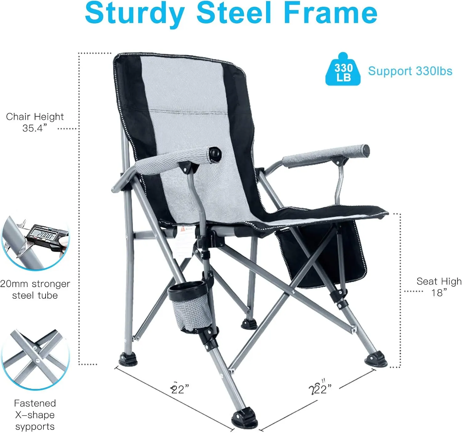 Camping Chair for Adults,Portable Folding Lawn Chair for Outside,Heavy Duty Camping Chair Support up to 330lbs,Collapsible Outdoor Beach Chair with Cup Holder(Grey)